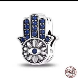Sterling Silver Hamsa Hand Charm with Blue Accents